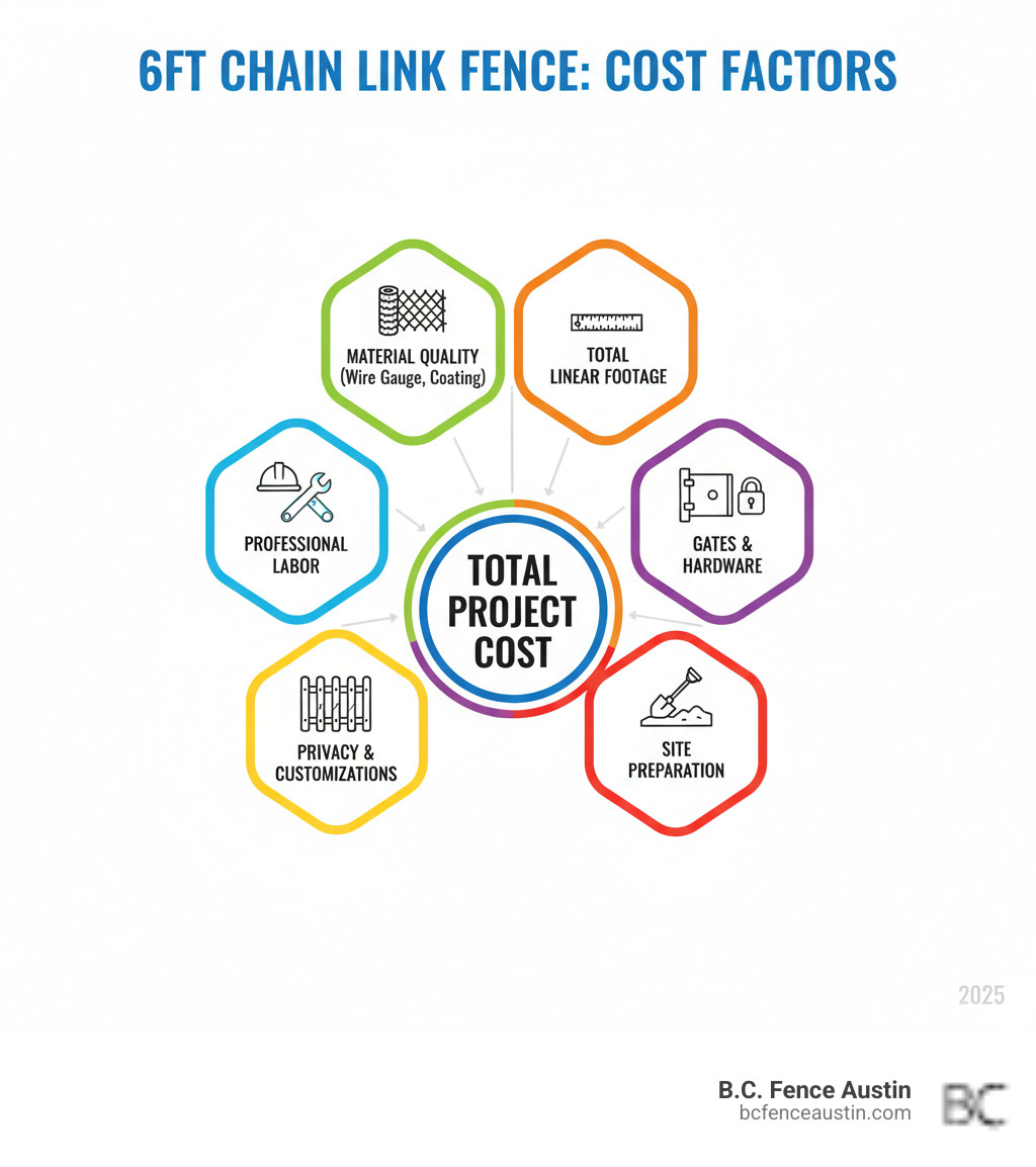 Infographic showing the main cost factors for a 6ft chain link fence: material quality (wire gauge and coating type), total linear footage, professional labor, gates and hardware, privacy slats and customizations, and site preparation work - 6ft chain link fence price infographic 