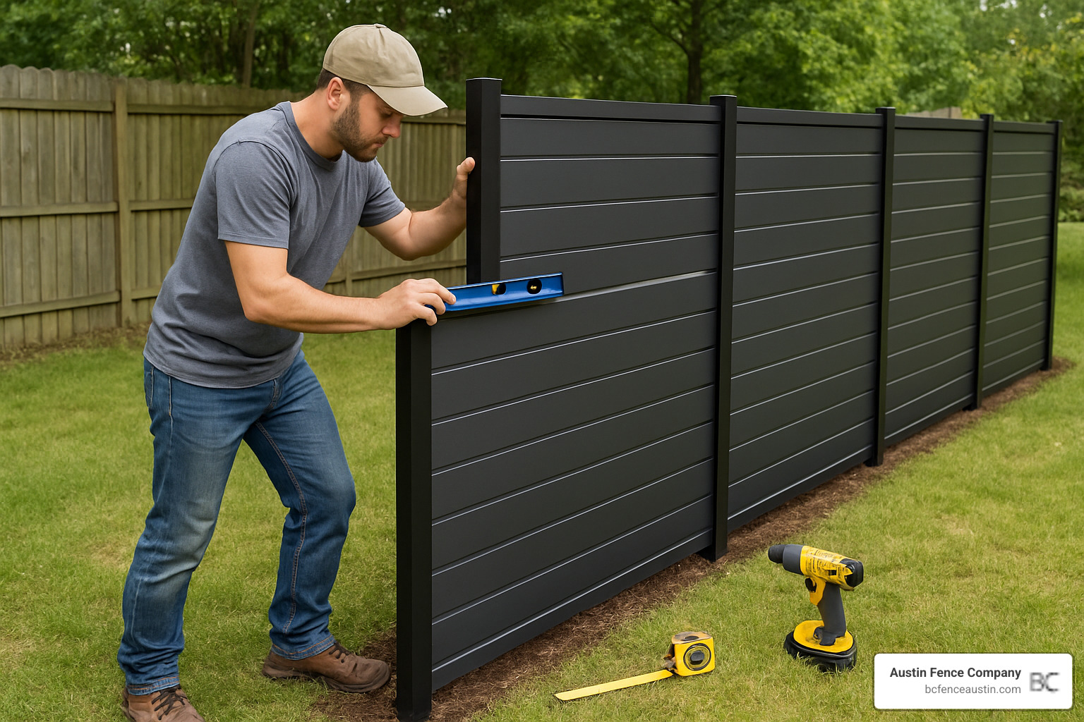 Homeowner installing aluminum privacy fence panels with basic tools - aluminium privacy fence