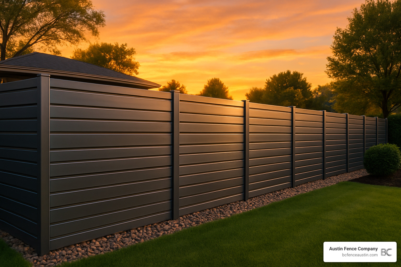 Completed aluminum privacy fence installation at sunset showing beautiful contemporary design - aluminium privacy fence