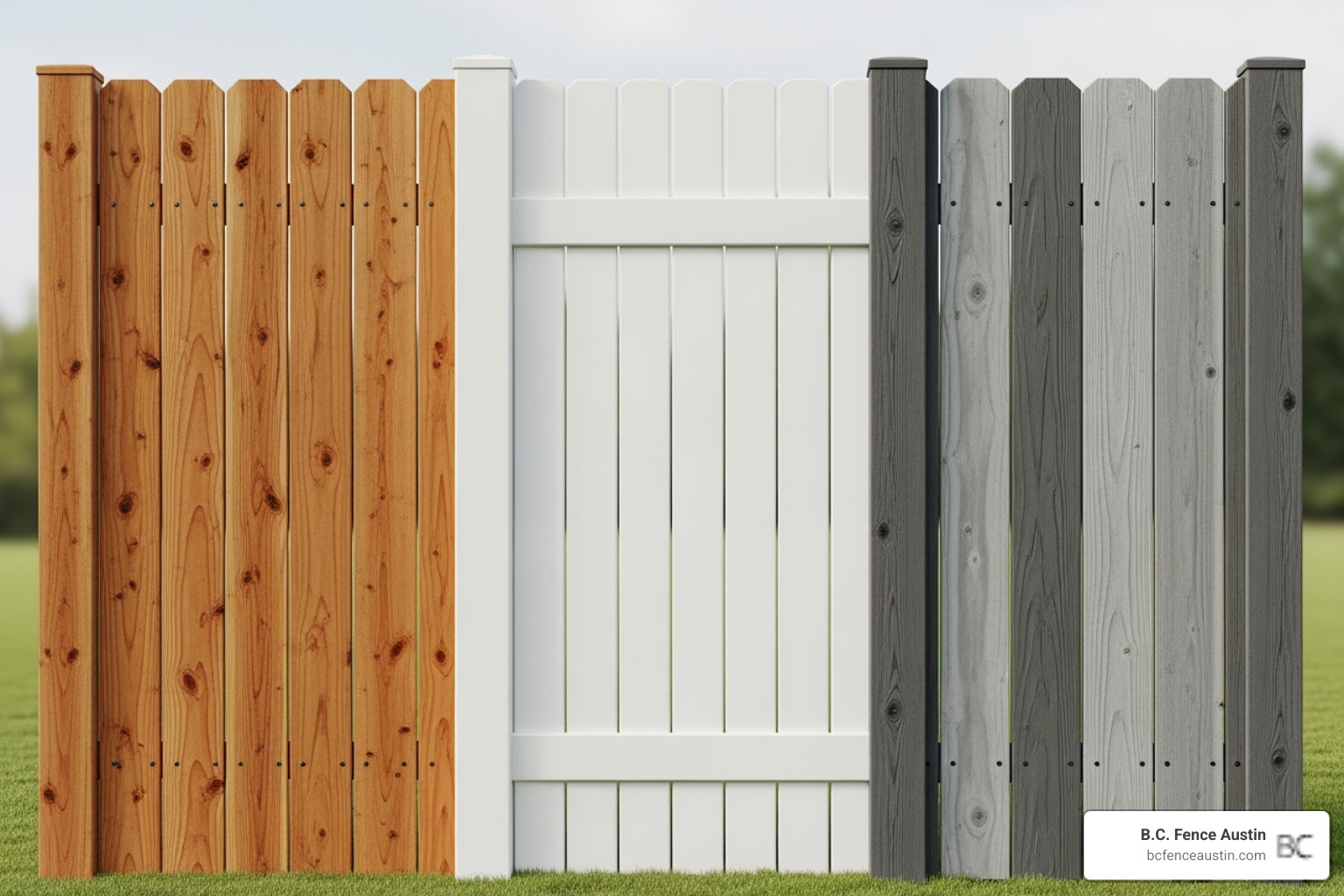 side-by-side comparison of wood, vinyl, and composite fence panels - average cost per foot to install privacy fence