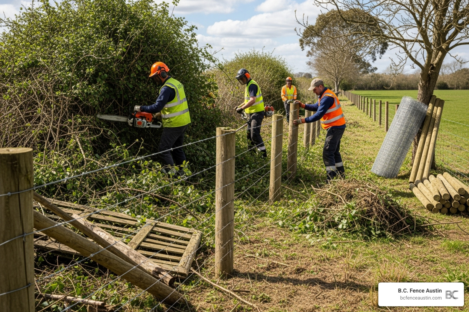 image of a fence line being cleared of brush and old fencing material before a new installation - average cost per foot to install privacy fence