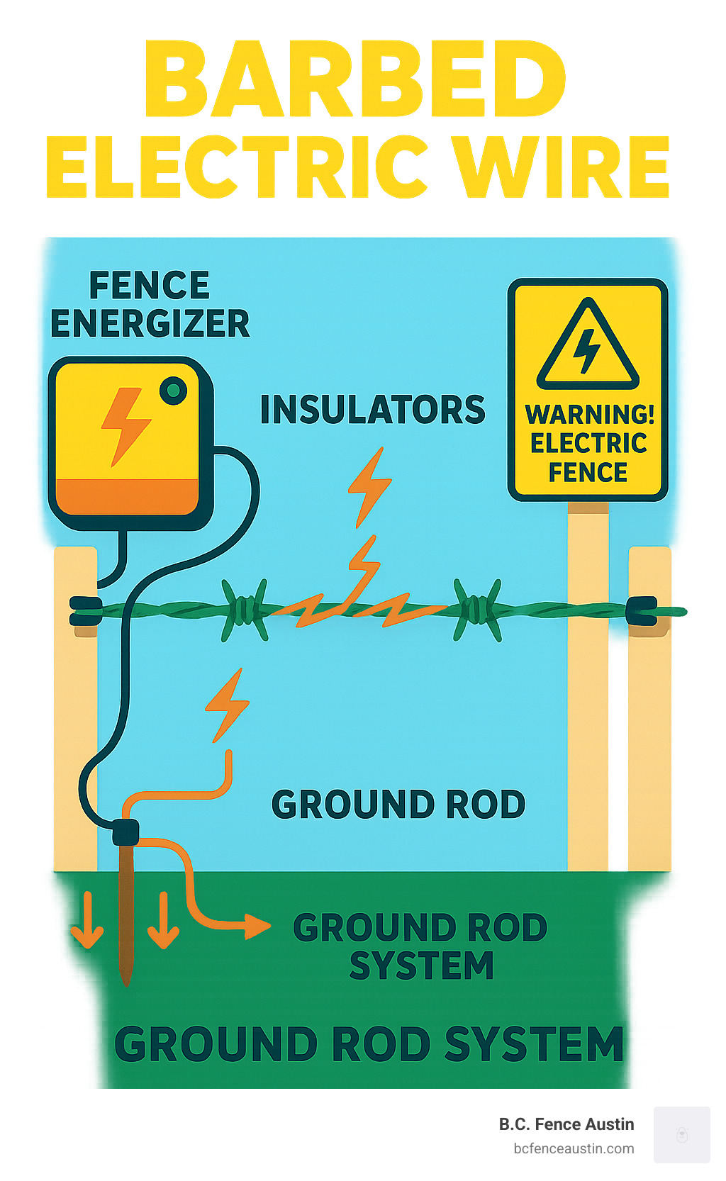 Infographic showing barbed electric wire system components including fence energizer connected to barbed wire through insulators, ground rod system, and warning signs, with arrows indicating electrical current flow and proper grounding - barbed electric wire infographic Infographic showing barbed electric wire system components including fence energizer connected to barbed wire through insulators, ground rod system, and warning signs, with arrows indicating electrical current flow and proper grounding - barbed electric wire infographic