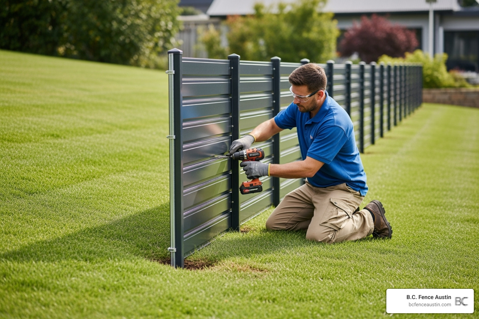 professional installing a fence panel on a sloped lawn - iron fence options