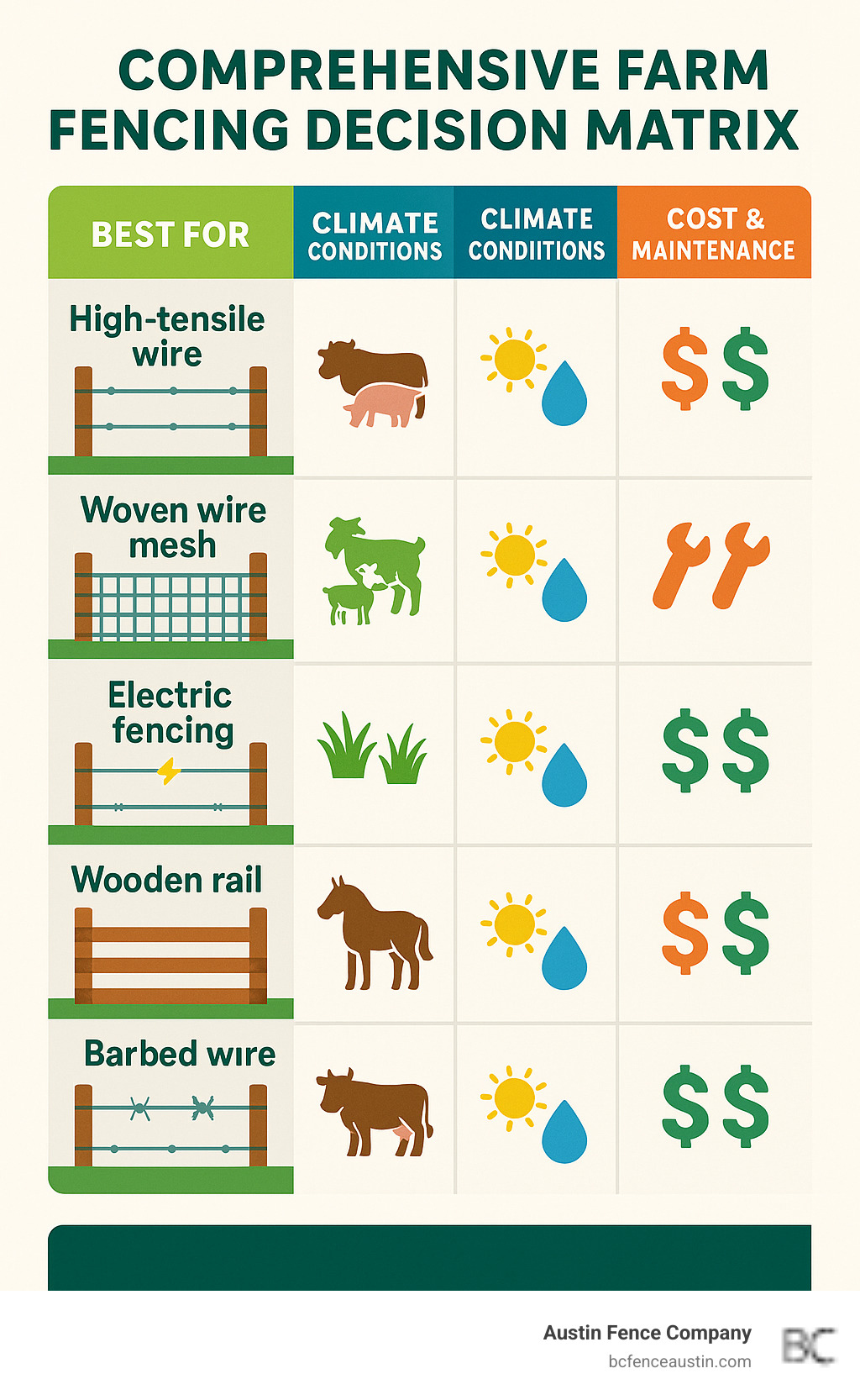 Comprehensive farm fencing decision matrix showing fence types matched to livestock needs, climate conditions, installation complexity, and cost comparisons with maintenance requirements - farm fencing solutions infographic Comprehensive farm fencing decision matrix showing fence types matched to livestock needs, climate conditions, installation complexity, and cost comparisons with maintenance requirements - farm fencing solutions infographic
