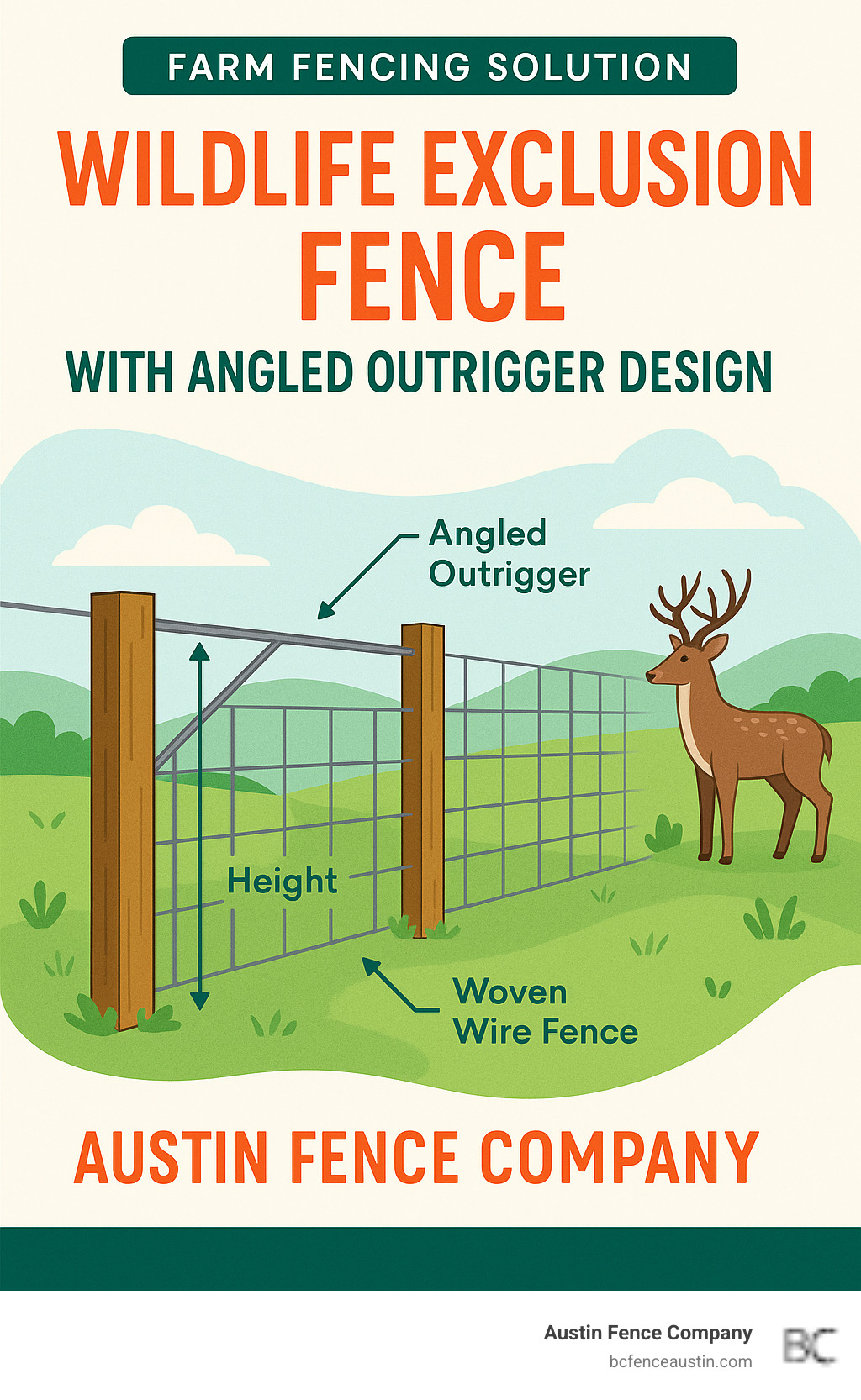 Wildlife exclusion fence with angled outrigger design - farm fencing solutions infographic Wildlife exclusion fence with angled outrigger design - farm fencing solutions infographic