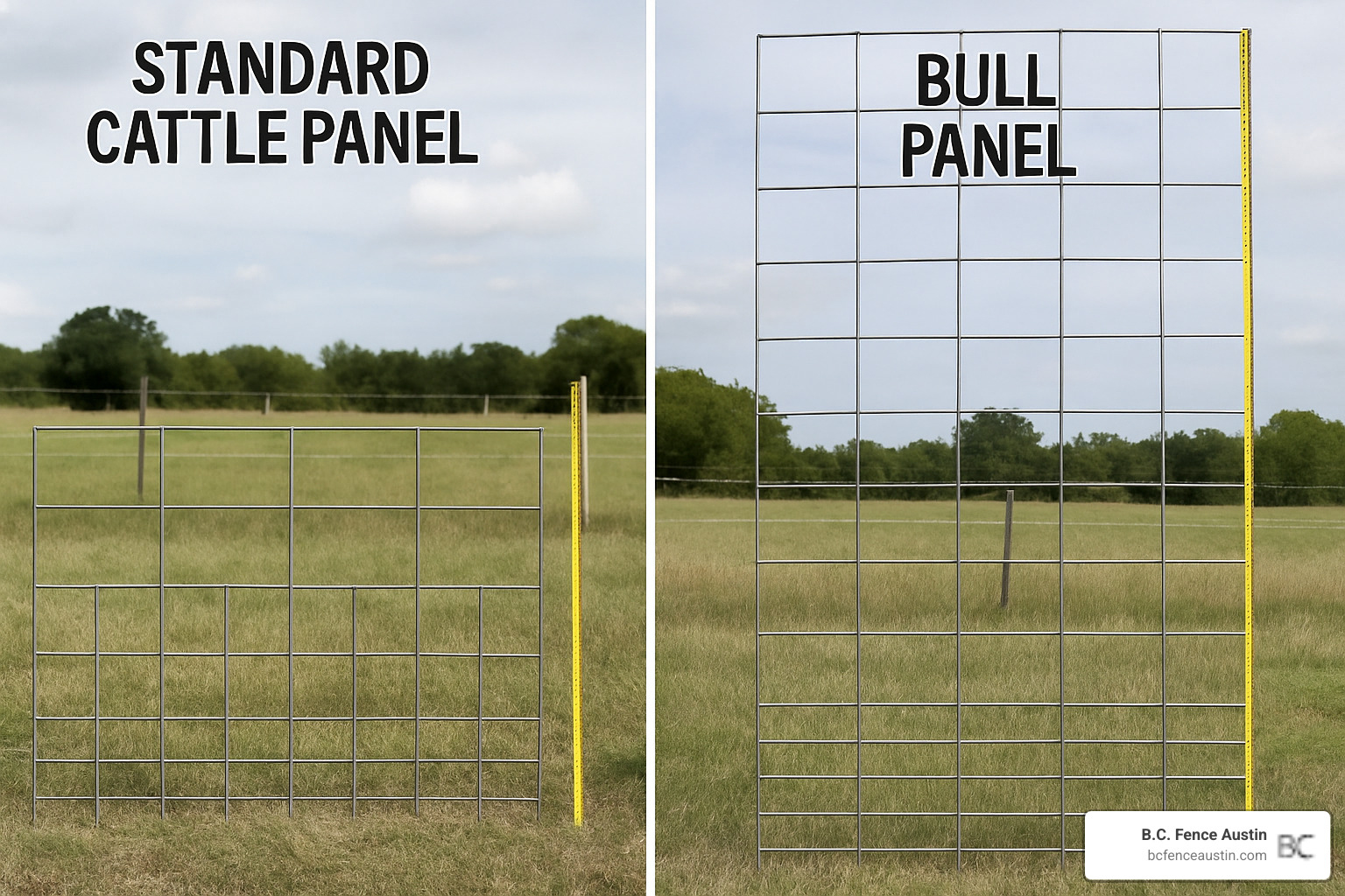Comparison image showing standard cattle panel next to bull panel highlighting height and gauge differences - bull panels Comparison image showing standard cattle panel next to bull panel highlighting height and gauge differences - bull panels
