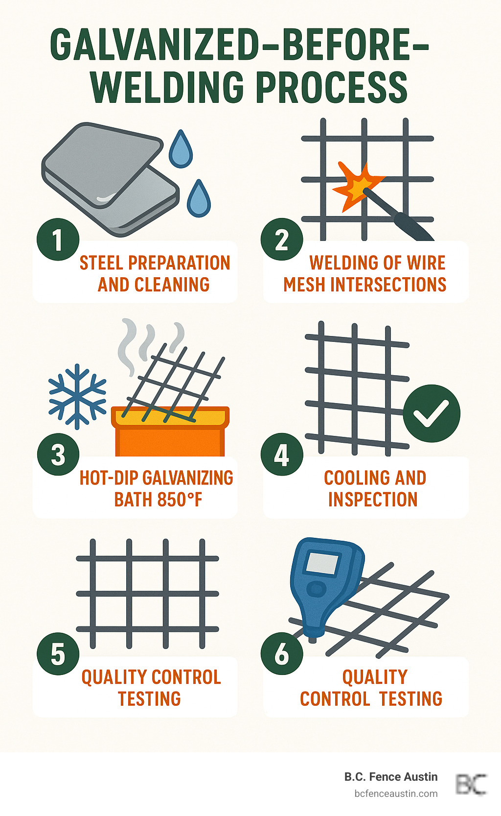 Infographic showing the galvanizing process: 1) Steel preparation and cleaning, 2) Welding of wire mesh intersections, 3) Hot-dip galvanizing bath at 850°F, 4) Cooling and inspection, 5) Quality control testing for coating thickness and adhesion - bull panels infographic Infographic showing the galvanizing process: 1) Steel preparation and cleaning, 2) Welding of wire mesh intersections, 3) Hot-dip galvanizing bath at 850°F, 4) Cooling and inspection, 5) Quality control testing for coating thickness and adhesion - bull panels infographic