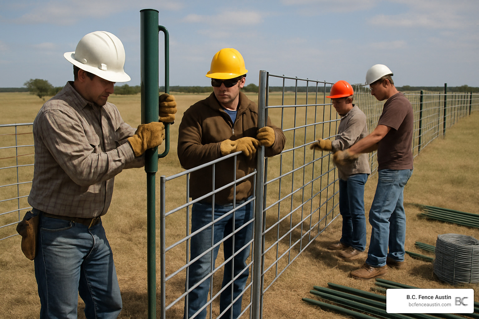 Image of installation crew using T-post driver to install bull panel with proper spacing and alignment - bull panels Image of installation crew using T-post driver to install bull panel with proper spacing and alignment - bull panels