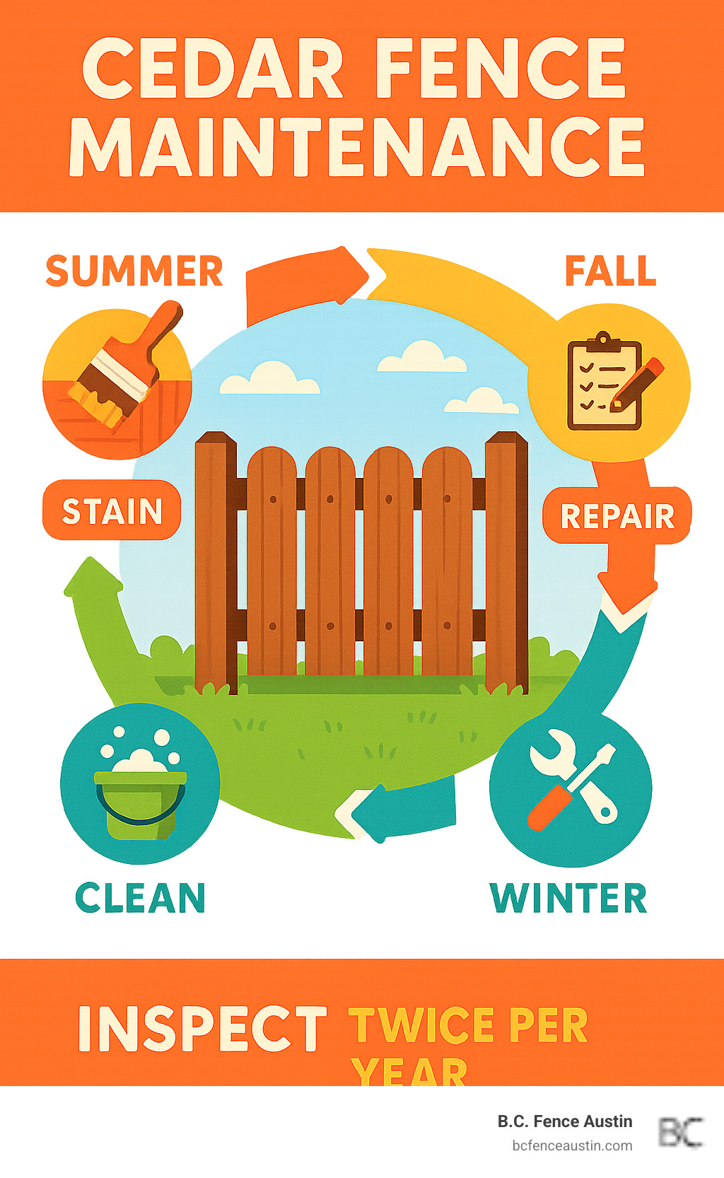 Comprehensive cedar fence maintenance schedule showing seasonal cleaning, annual staining cycles, inspection checkpoints, and repair timing throughout the year - cedar fence maintenance infographic Comprehensive cedar fence maintenance schedule showing seasonal cleaning, annual staining cycles, inspection checkpoints, and repair timing throughout the year - cedar fence maintenance infographic