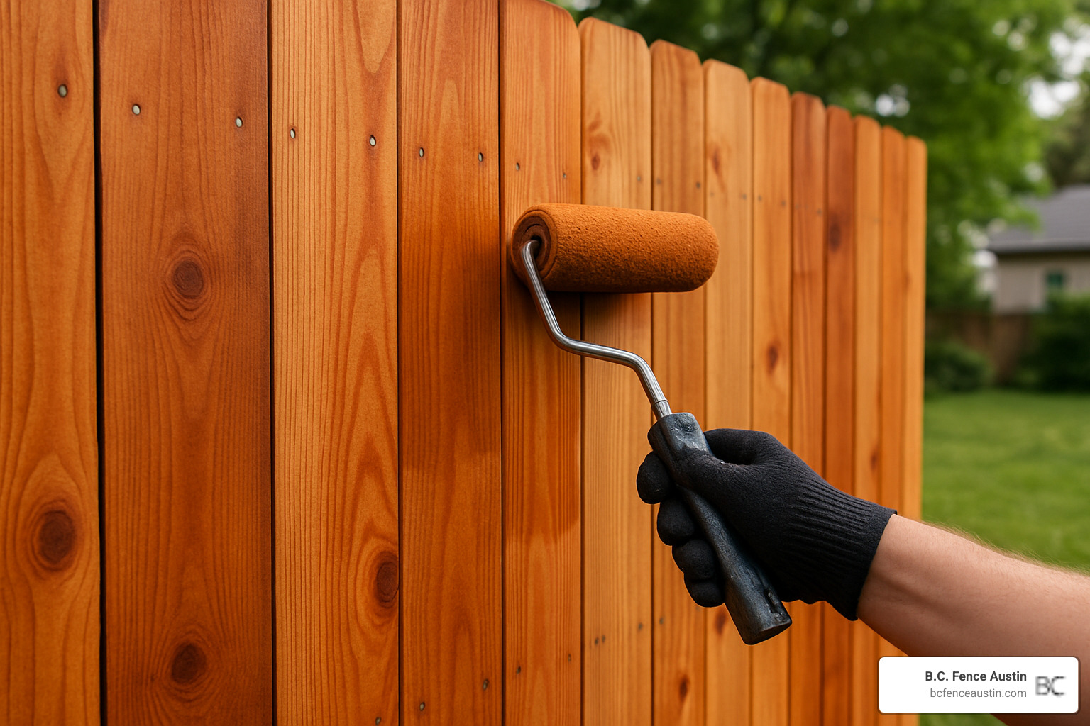 roller applying semi-transparent stain to cedar fence - cedar fence maintenance roller applying semi-transparent stain to cedar fence - cedar fence maintenance