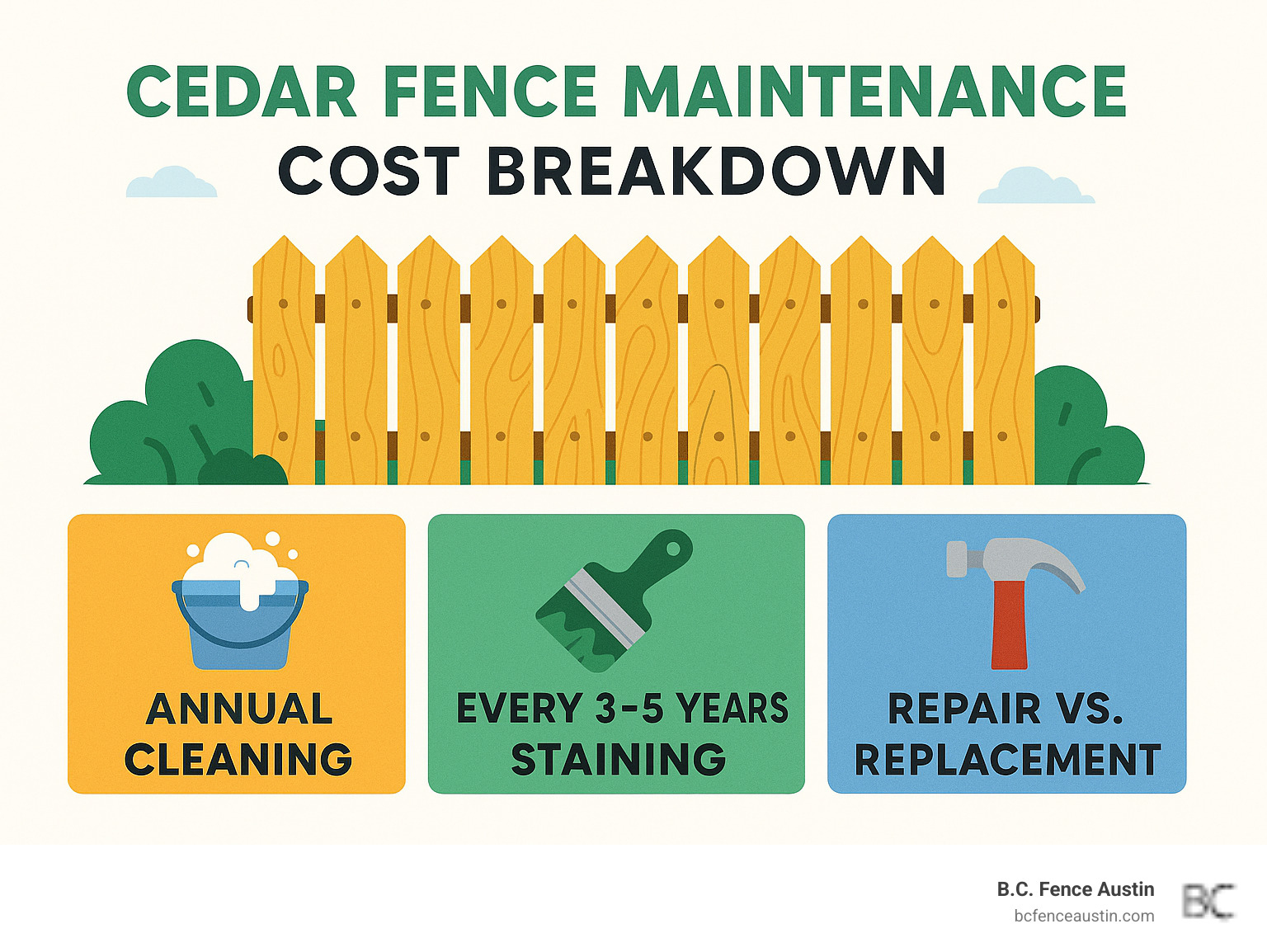 Cedar fence maintenance cost breakdown showing annual cleaning expenses, staining costs every 3-5 years, and repair costs compared to replacement costs - cedar fence maintenance infographic Cedar fence maintenance cost breakdown showing annual cleaning expenses, staining costs every 3-5 years, and repair costs compared to replacement costs - cedar fence maintenance infographic