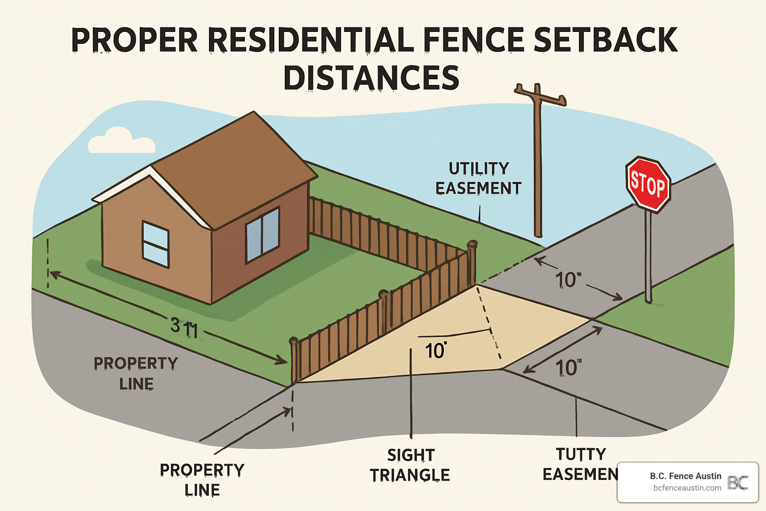 diagram showing proper fence setback distances from property lines, utility easements, and sight triangles at intersections - chain link fence alternatives diagram showing proper fence setback distances from property lines, utility easements, and sight triangles at intersections - chain link fence alternatives