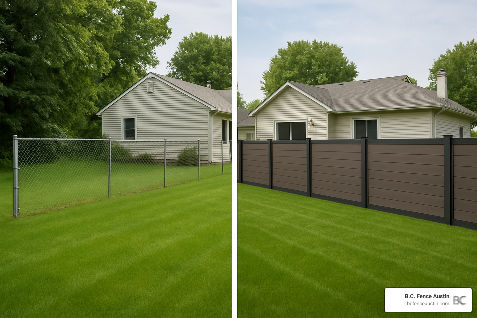 transformed backyard showing before and after photos of chain link replacement with composite fencing - chain link fence alternatives transformed backyard showing before and after photos of chain link replacement with composite fencing - chain link fence alternatives