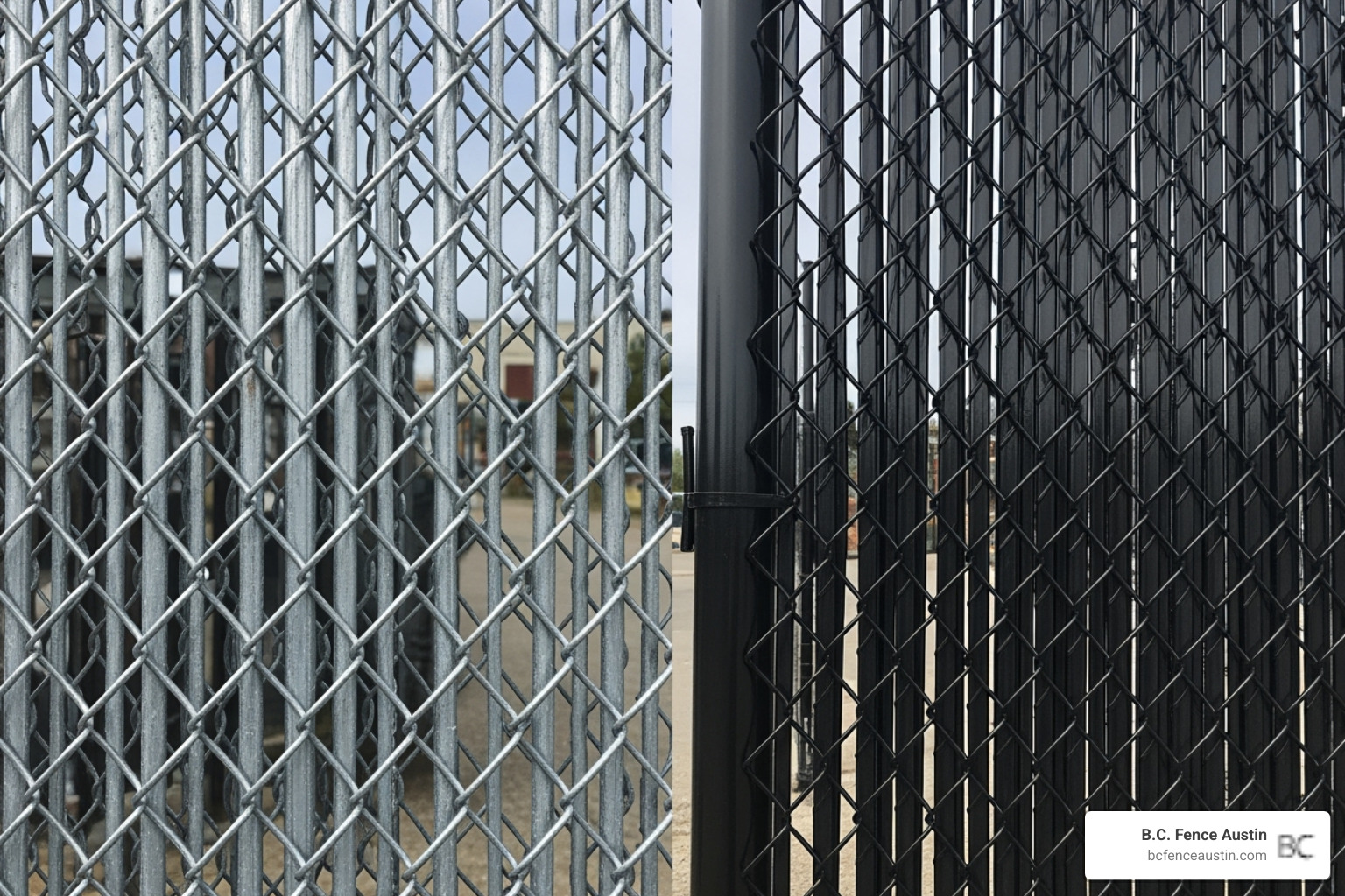 of galvanized steel and black vinyl-coated chain link mesh side-by-side. - Chain link fence cost per foot