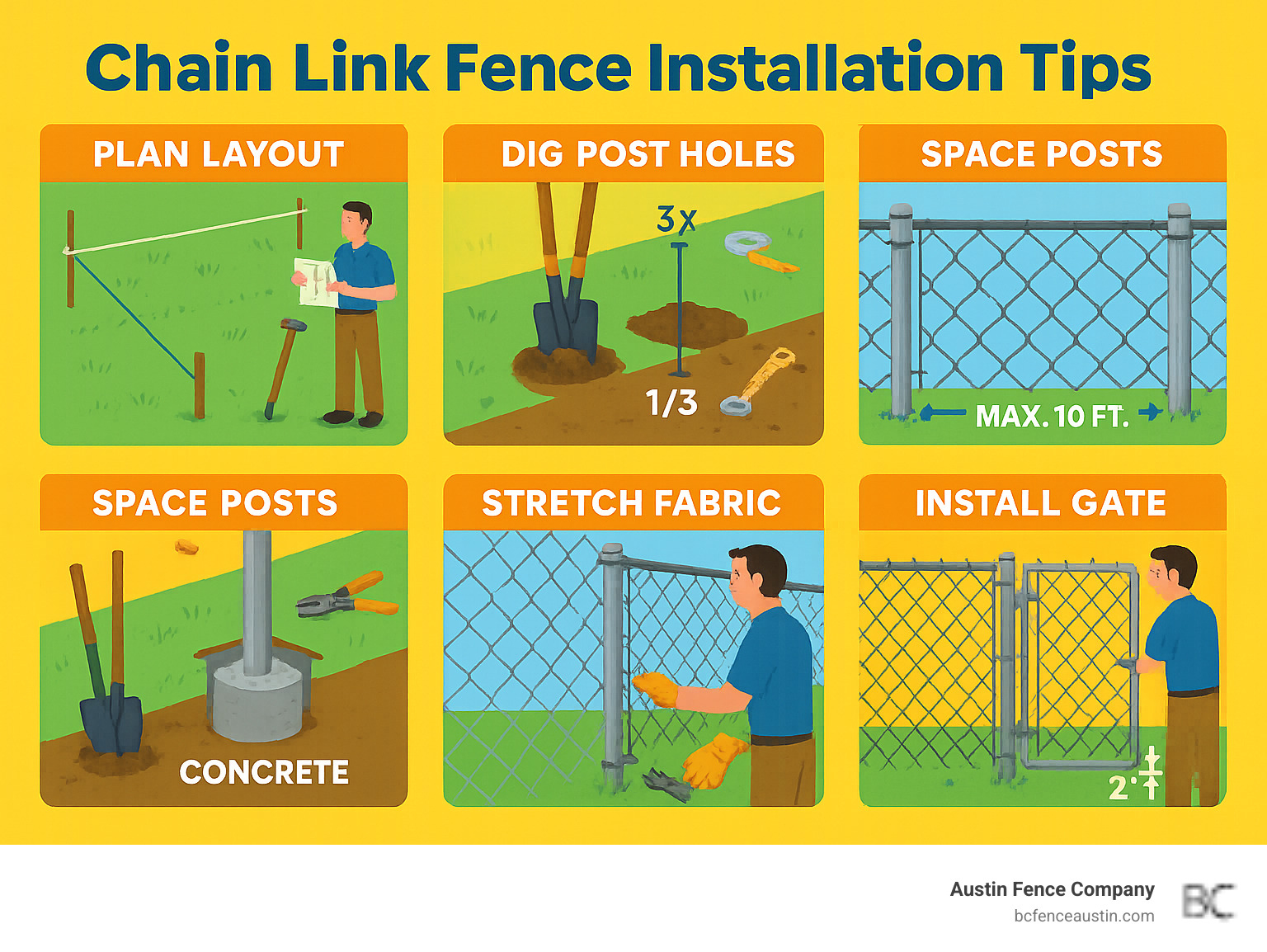 Detailed infographic showing complete chain link fence installation workflow from initial planning and property line marking through post hole digging, concrete setting, hardware installation, fabric stretching, and final gate mounting with proper spacing measurements and tool requirements - Chain link fence installation tips infographic 