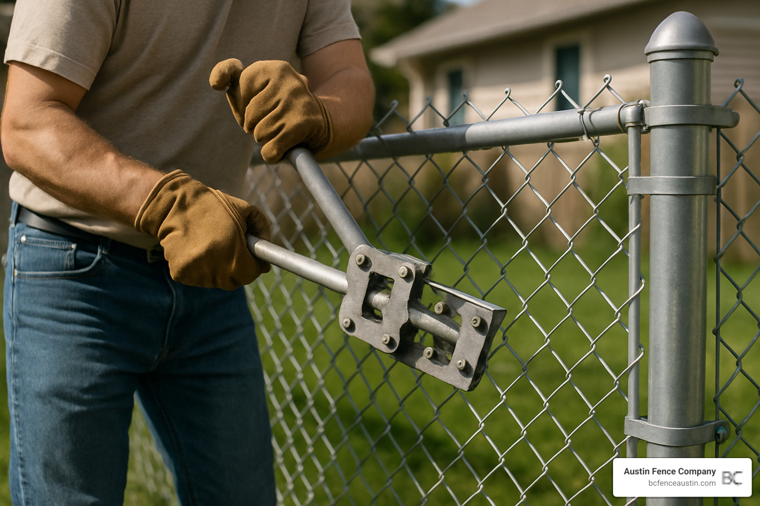fence stretcher in action - Chain link fence installation tips