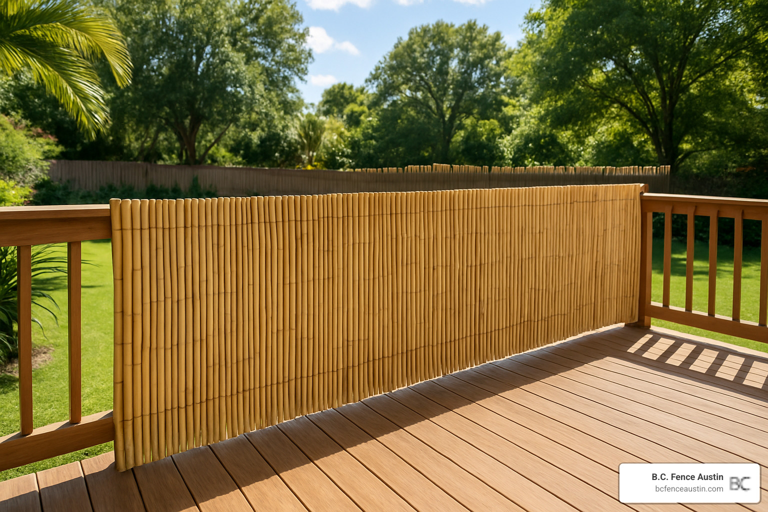 bamboo roll fence along deck - cheap fence ideas