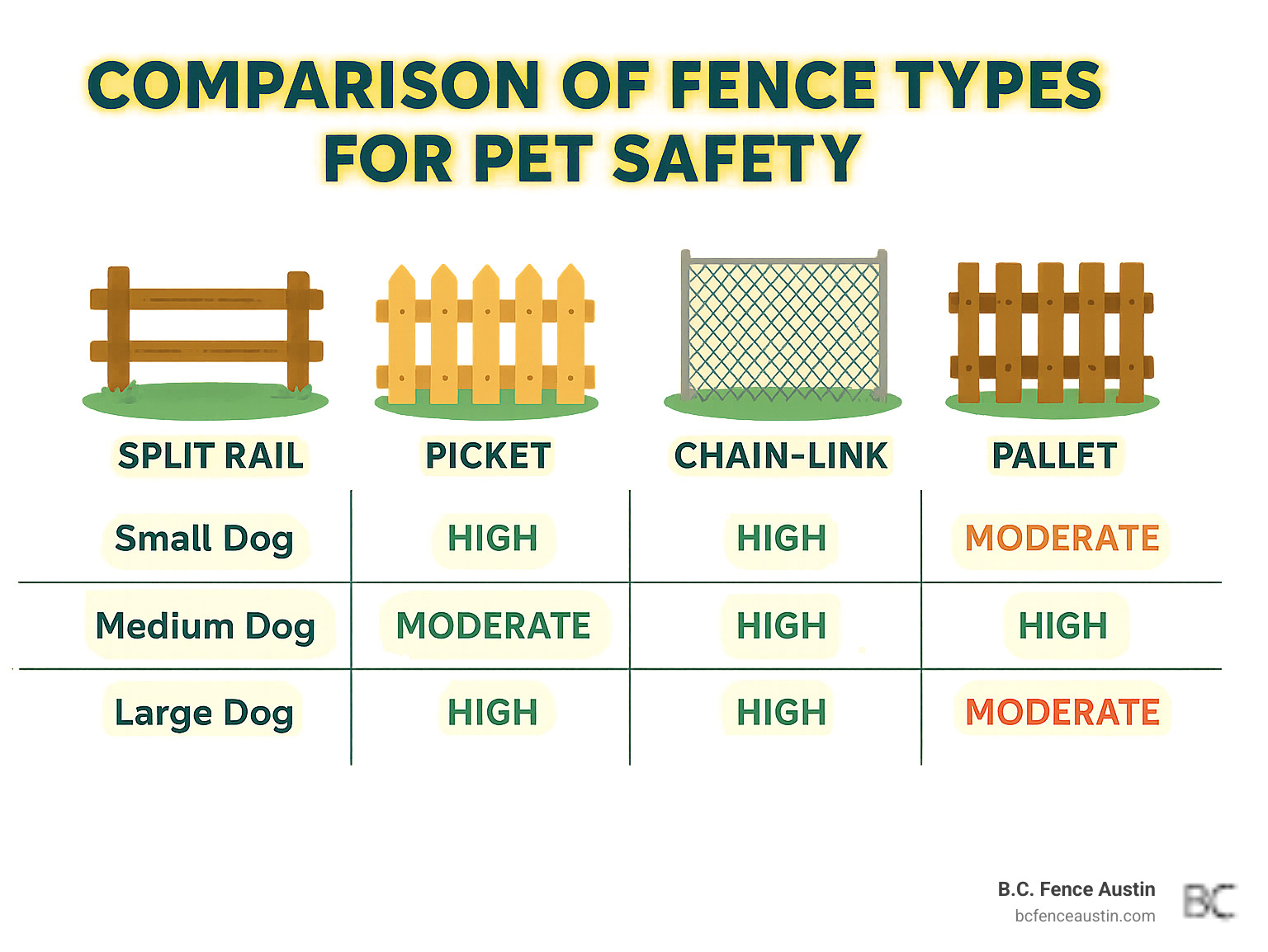 Comparison of different fence types for pet safety showing effectiveness ratings for small, medium, and large dogs - cheap fence ideas infographic 