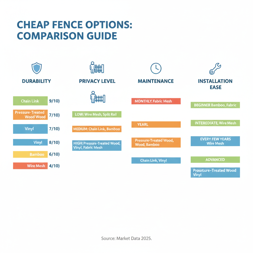 Infographic comparing cheap fence options by four key factors: Durability rating (1-10 scale), Privacy Level (low, medium, high), Maintenance frequency (monthly, yearly, every few years), and Installation Ease (beginner, intermediate, advanced) - cheap fence options infographic 