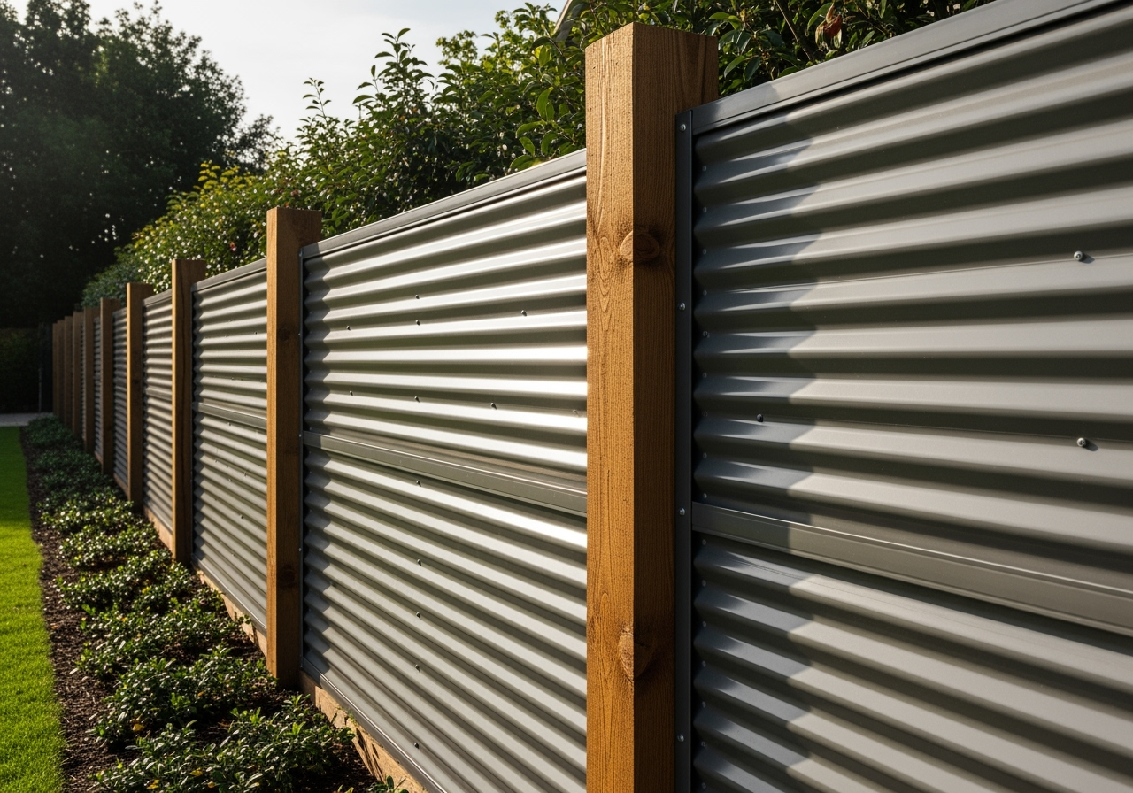 stylish corrugated metal fence combined with wooden posts - cheap fence options