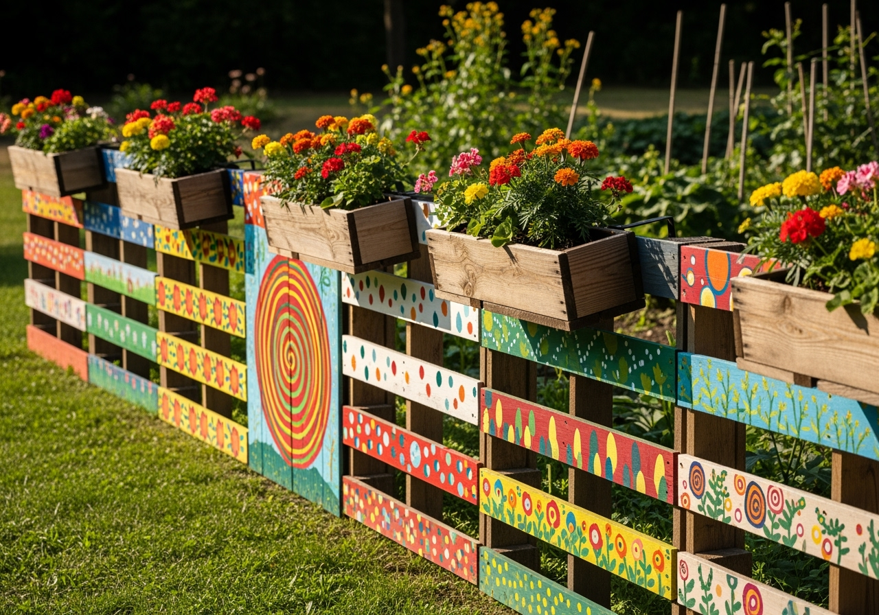 creative painted pallet fence with attached flower boxes - cheap fence options