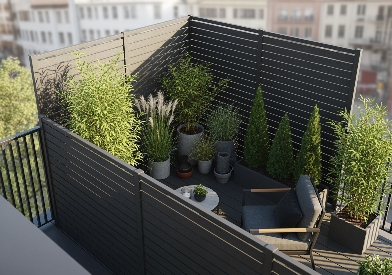 balcony with a dark privacy screen and tall potted plants for a secluded feel - cheap fence options