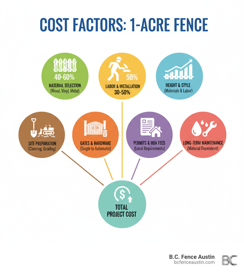 Infographic showing the key cost factors for fencing one acre: material selection (40-60% of cost), labor and installation (30-50% of cost), fence height and style (affects both material and labor), site preparation (clearing, grading, old fence removal), gates and hardware (single gates to automatic openers), permits and HOA fees (local requirements), and long-term maintenance (varies by material type) - cost privacy fence 1 acre infographic Infographic showing the key cost factors for fencing one acre: material selection (40-60% of cost), labor and installation (30-50% of cost), fence height and style (affects both material and labor), site preparation (clearing, grading, old fence removal), gates and hardware (single gates to automatic openers), permits and HOA fees (local requirements), and long-term maintenance (varies by material type) - cost privacy fence 1 acre infographic
