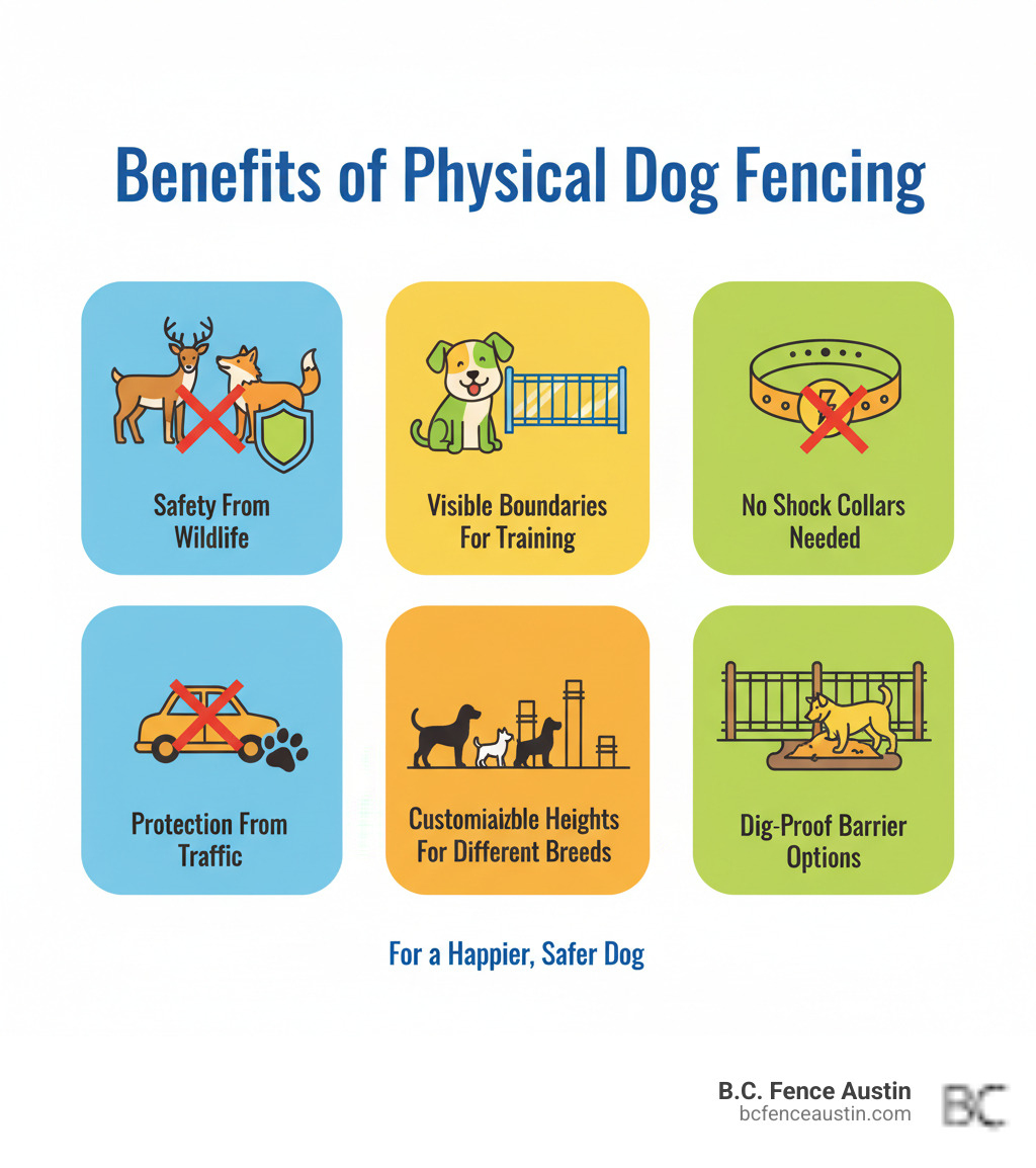 infographic showing benefits of physical dog fencing including safety from wildlife, visible boundaries for training, no shock collars needed, protection from traffic, customizable heights for different breeds, and dig-proof barrier options - dog fencing infographic 