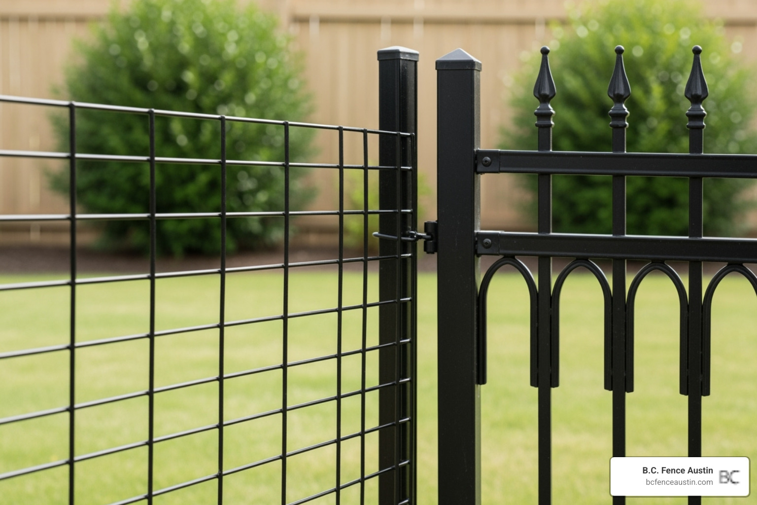different dog fence materials side-by-side, such as black welded wire and ornamental metal fencing - dog fencing