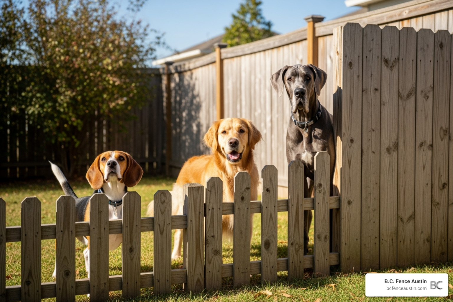 different fence heights next to various dog breeds, e.g., a Beagle, a Golden Retriever, a Great Dane - dog fencing