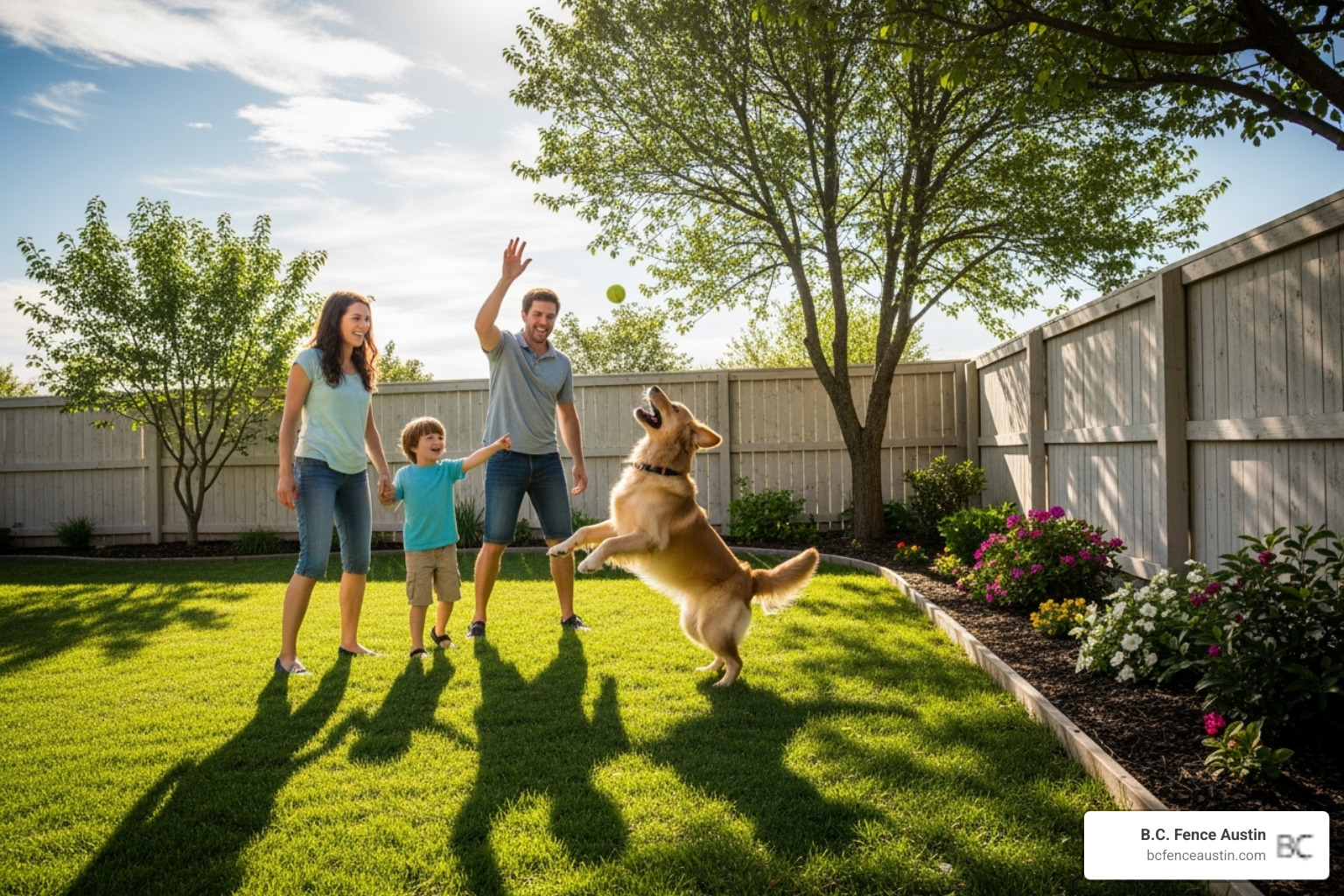 family with their dog enjoying their securely fenced backyard - dog fencing