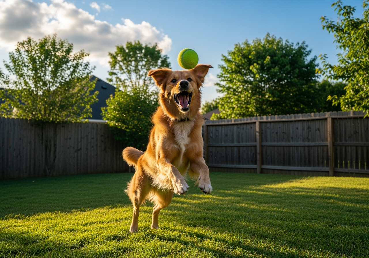 dog playing in fenced backyard - fence for dogs