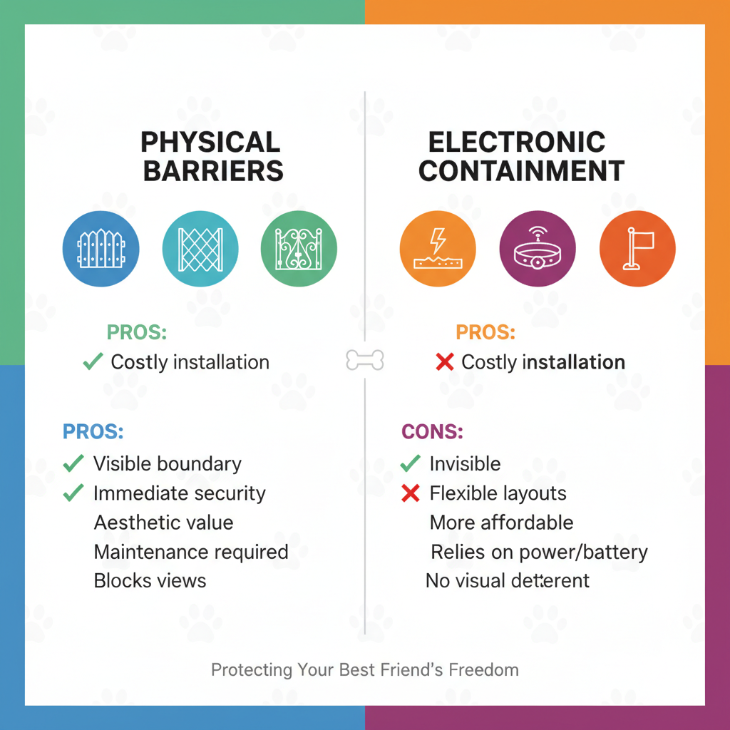 infographic showing two main categories of dog fences with icons: Physical Barriers (wood fence, chain link, vinyl, iron) on left side and Electronic Containment (in-ground wire system, wireless GPS collar, boundary flags) on right side, with brief pros and cons listed under each category - fence for dogs infographic 