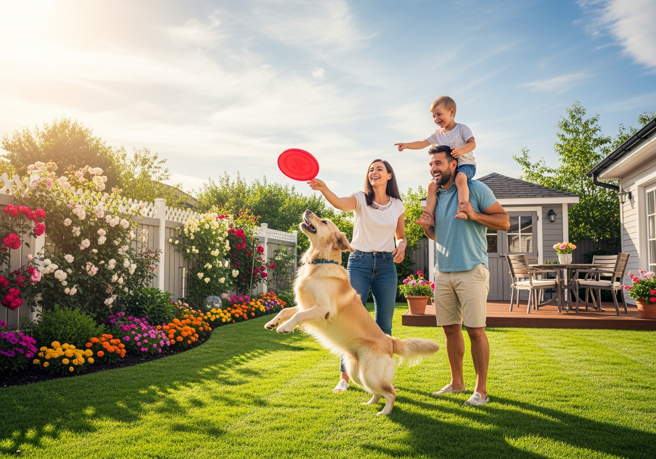 family with their dog in a beautifully fenced backyard - fence for dogs
