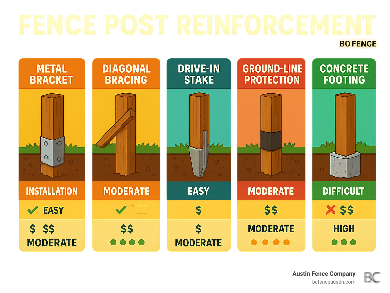 Diagram showing common fence post reinforcement methods including metal brackets, diagonal bracing, drive-in stakes, ground-line protection wraps, and concrete footings, with labels indicating installation difficulty, cost range, and durability ratings for each method - fence post reinforcement infographic Diagram showing common fence post reinforcement methods including metal brackets, diagonal bracing, drive-in stakes, ground-line protection wraps, and concrete footings, with labels indicating installation difficulty, cost range, and durability ratings for each method - fence post reinforcement infographic