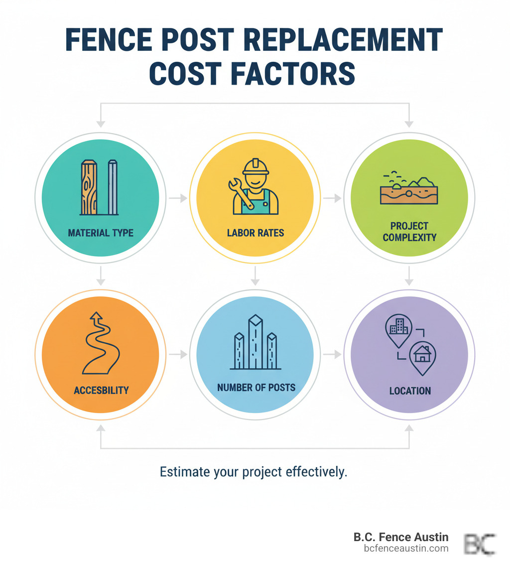 infographic showing the key factors that influence fence post replacement cost, including material type with wood and metal post icons, labor rates with worker icon, project complexity with terrain illustration, accessibility with narrow pathway icon, number of posts with multiple post icons, and location with urban versus rural map markers - fence post replacement cost infographic infographic showing the key factors that influence fence post replacement cost, including material type with wood and metal post icons, labor rates with worker icon, project complexity with terrain illustration, accessibility with narrow pathway icon, number of posts with multiple post icons, and location with urban versus rural map markers - fence post replacement cost infographic