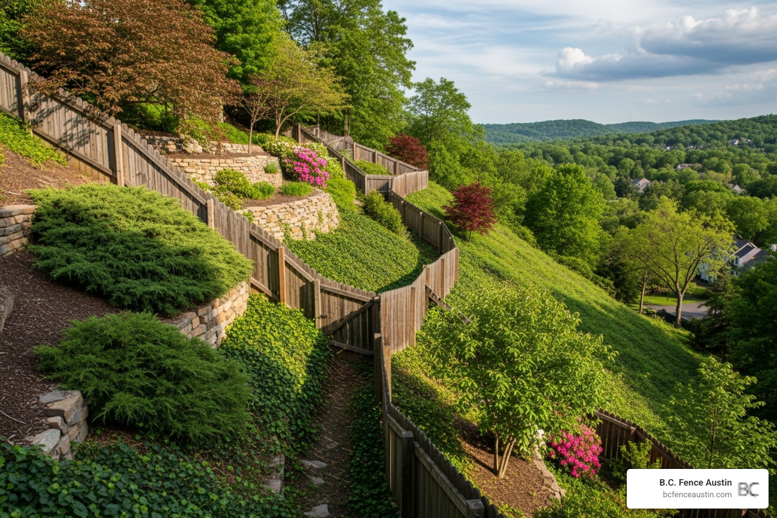 Difficult-to-access fence line on a steep slope with heavy landscaping - fence post replacement cost Difficult-to-access fence line on a steep slope with heavy landscaping - fence post replacement cost