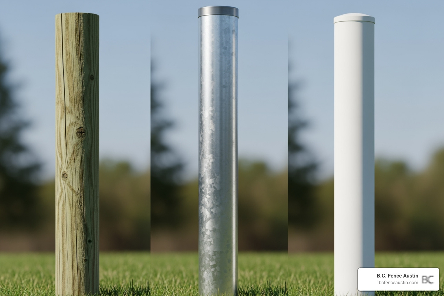side-by-side comparison showing a pressure-treated wood post, a galvanized steel post, and a white vinyl post - fence post replacement cost side-by-side comparison showing a pressure-treated wood post, a galvanized steel post, and a white vinyl post - fence post replacement cost