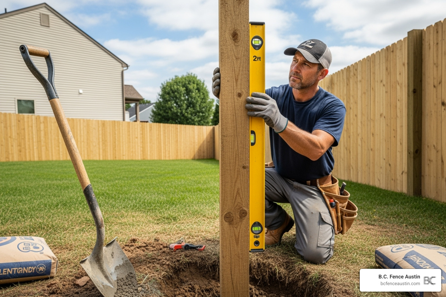 professional fence installer using a level to ensure a new post is perfectly plumb before setting it in concrete - fence post replacement cost professional fence installer using a level to ensure a new post is perfectly plumb before setting it in concrete - fence post replacement cost