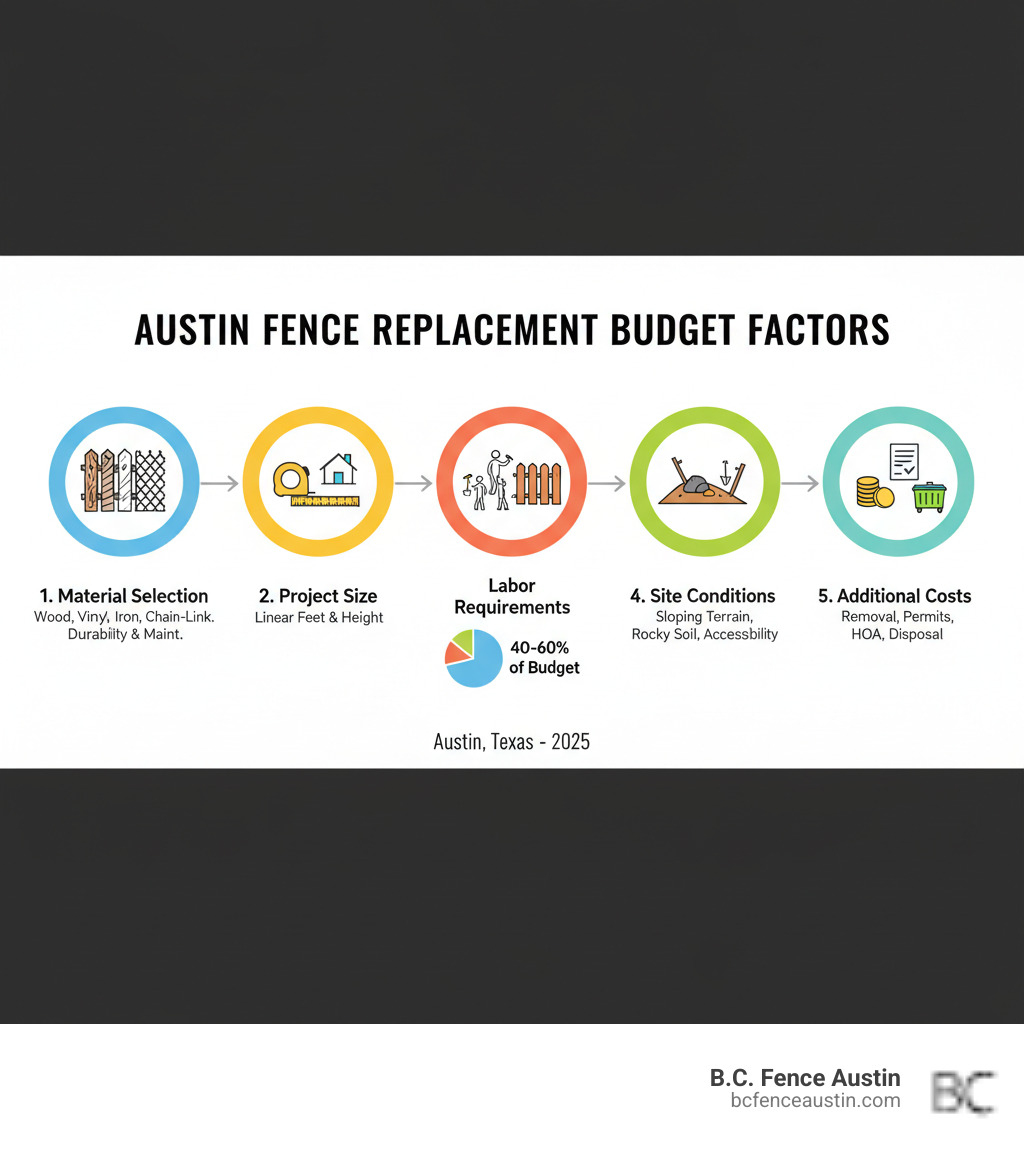 Infographic showing the 5 key factors influencing fence replacement budget in Austin: 1. Material Selection (wood, vinyl, iron, chain-link with relative durability and maintenance needs), 2. Project Size (linear feet and height requirements), 3. Labor Requirements (installation, post setting, cleanup representing 40-60% of budget), 4. Site Conditions (sloping terrain, rocky limestone soil, accessibility challenges), 5. Additional Costs (old fence removal, city permits, HOA approvals, disposal fees) - Fence replacement cost Austin infographic 
