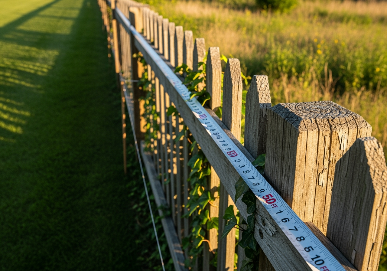 A measuring tape stretched along a property line, indicating fence length measurement - fence replacement cost A measuring tape stretched along a property line, indicating fence length measurement - fence replacement cost