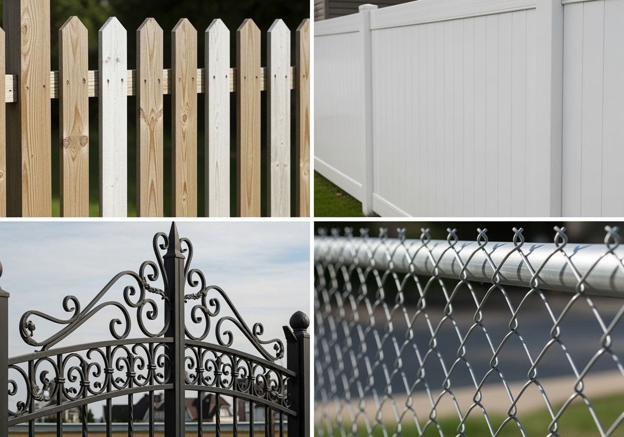 A collage showing different fence materials like wood, vinyl, iron, and chain-link - fence replacement cost A collage showing different fence materials like wood, vinyl, iron, and chain-link - fence replacement cost