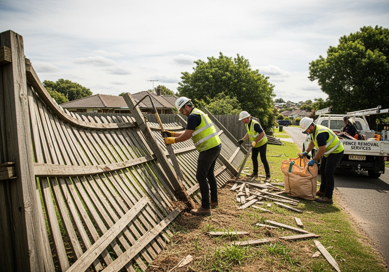 A professional crew carefully dismantling an old, leaning wooden fence - fence replacement cost A professional crew carefully dismantling an old, leaning wooden fence - fence replacement cost