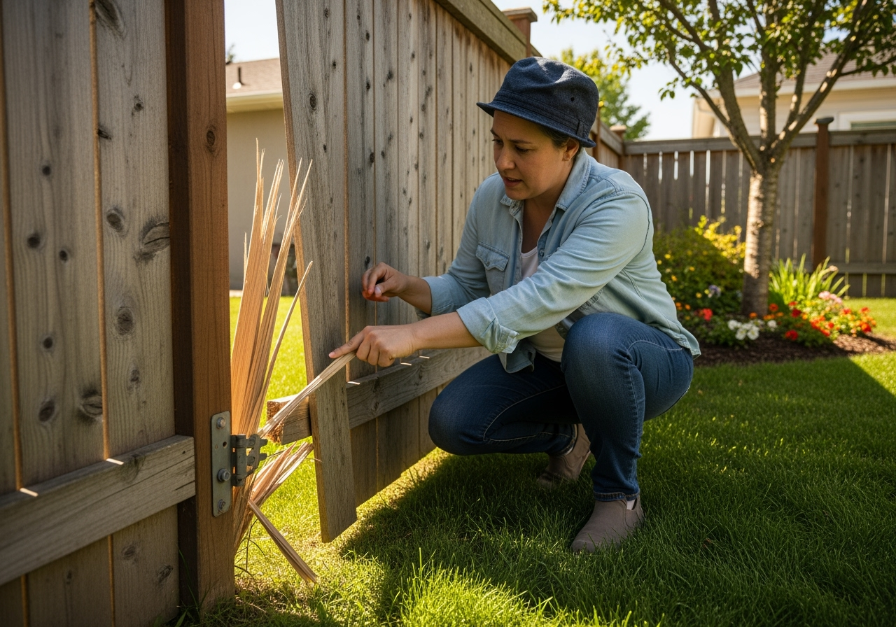 A homeowner inspecting a single broken fence panel - fence replacement cost A homeowner inspecting a single broken fence panel - fence replacement cost