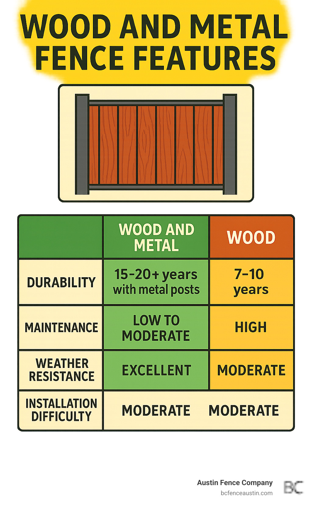 Comparison of wood and metal fence features showing durability (15-20+ years with metal posts vs 7-10 years all-wood), maintenance requirements (low to moderate vs high), weather resistance (excellent vs moderate), and installation difficulty (moderate vs moderate) - fence with wood and metal infographic Comparison of wood and metal fence features showing durability (15-20+ years with metal posts vs 7-10 years all-wood), maintenance requirements (low to moderate vs high), weather resistance (excellent vs moderate), and installation difficulty (moderate vs moderate) - fence with wood and metal infographic