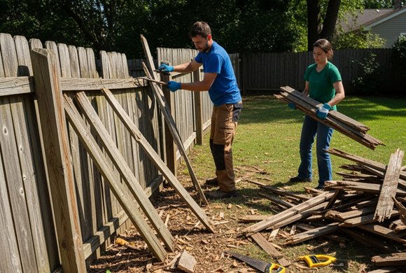 Old wood fence being torn out for replacement by B.C. Fence Austin