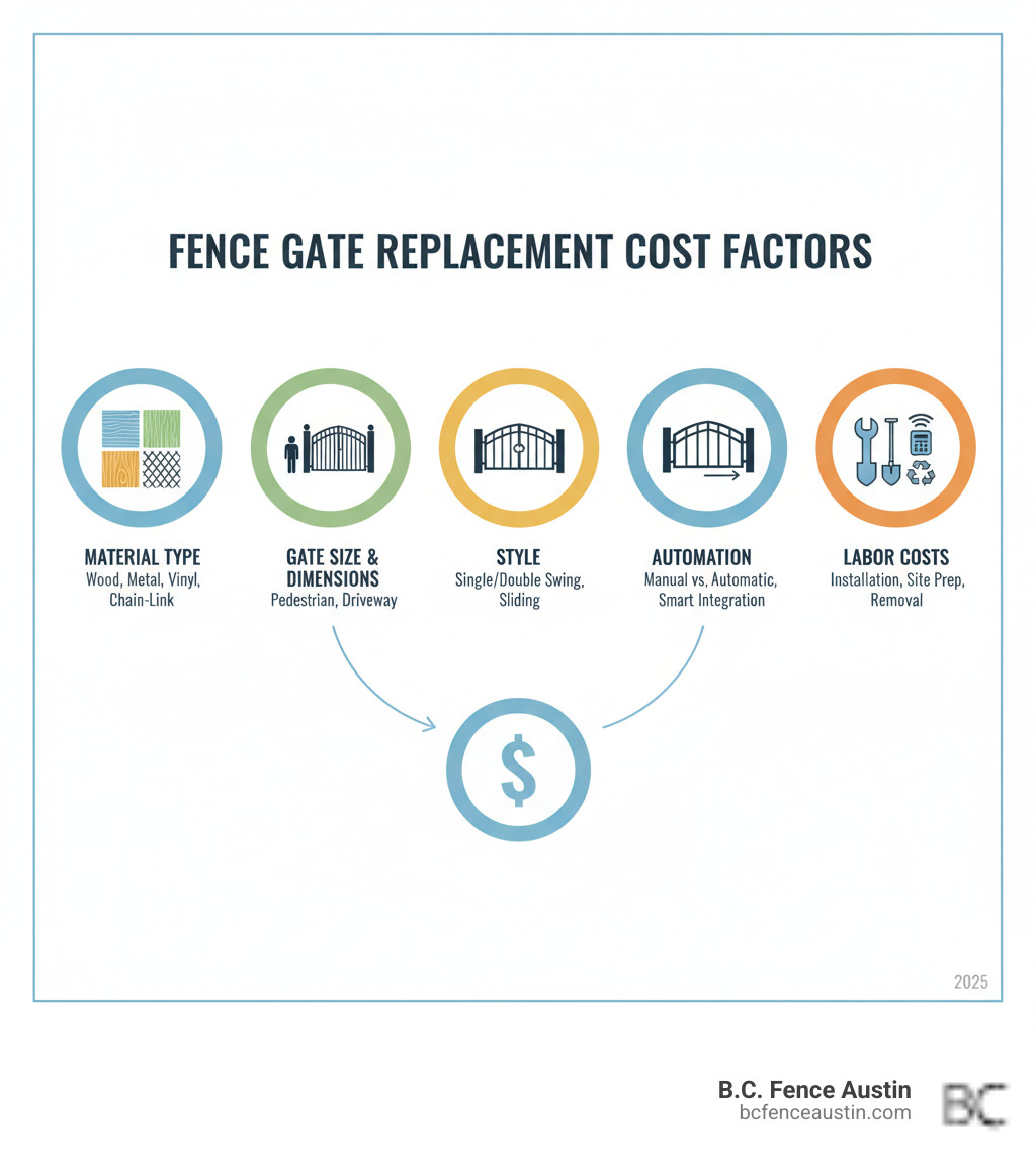 Infographic showing the main factors affecting fence gate replacement cost: Material type (wood, metal, vinyl, chain-link), Gate size and dimensions, Style (single swing, double swing, sliding), Automation features (manual vs. automatic openers, keypads, smart integration), and Labor costs (professional installation, site preparation, old gate removal) - how much does it cost to replace a fence gate infographic 