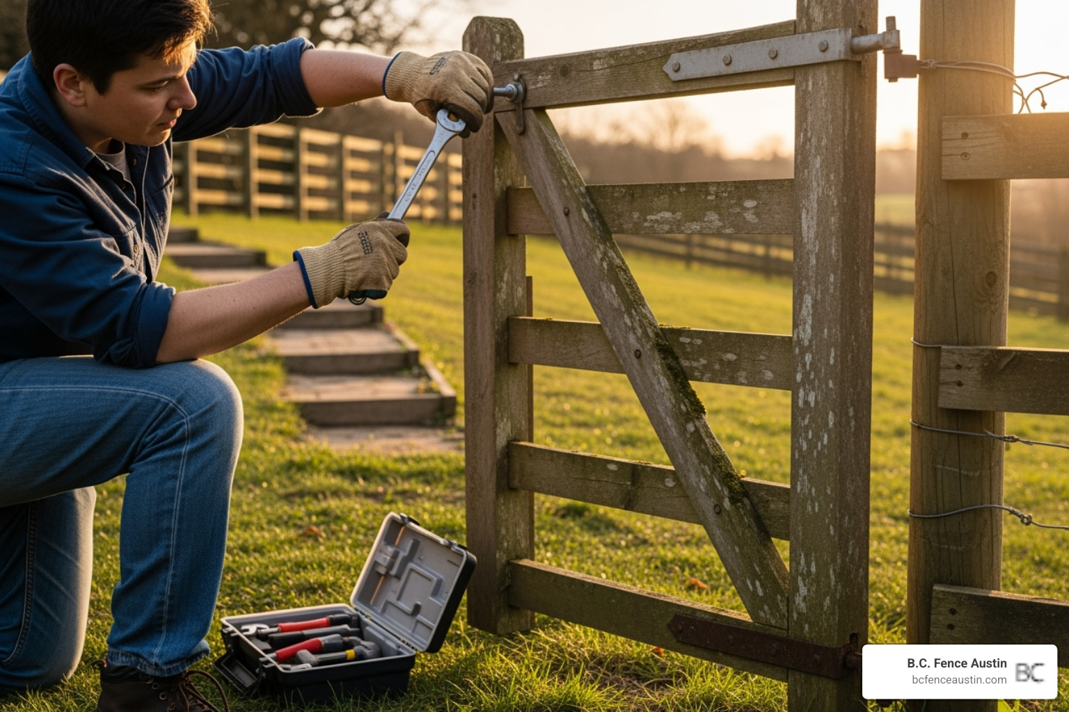 A person tightening the hinges on a slightly sagging gate - how much does it cost to replace a fence gate