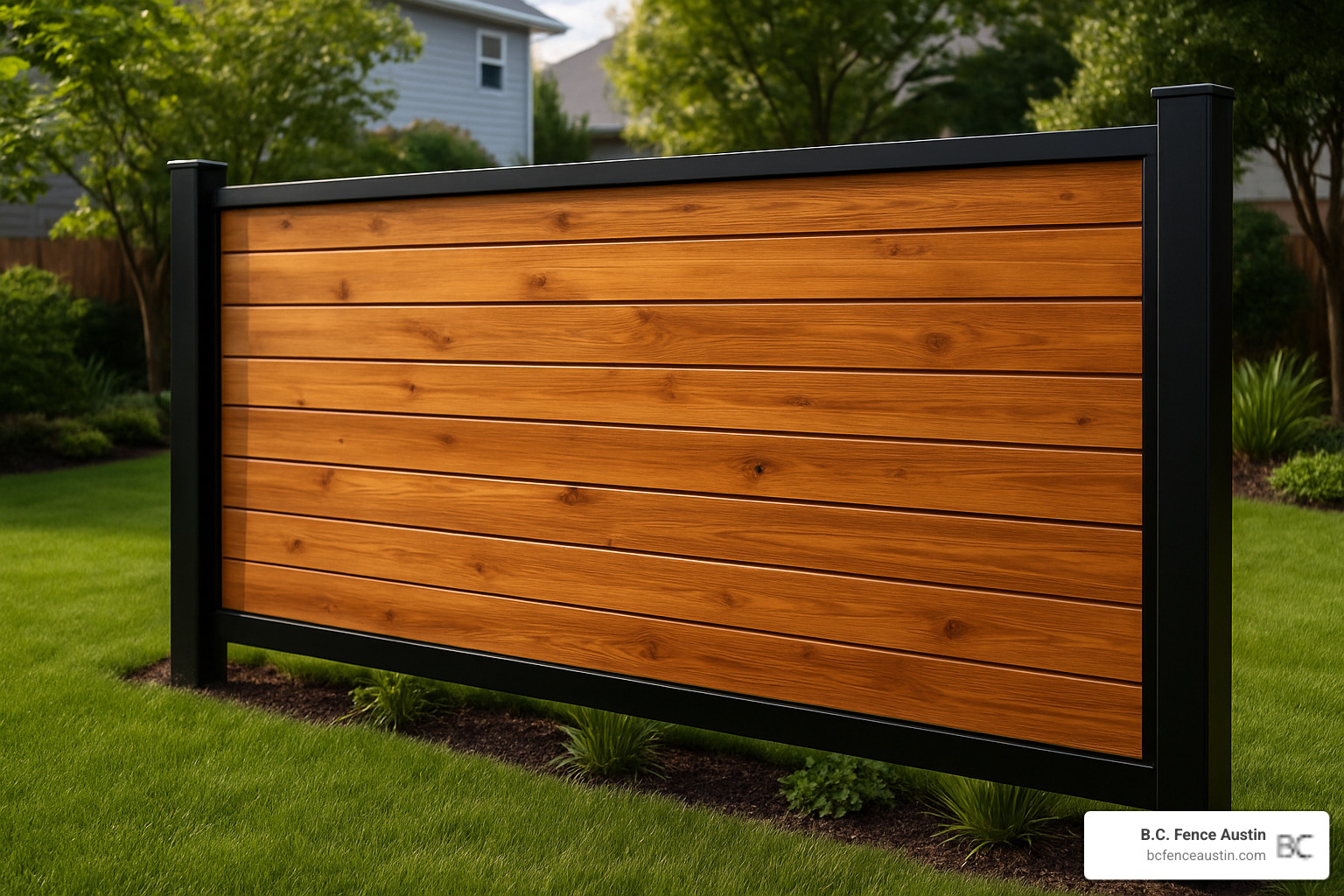 horizontal metal wood fence with black steel frame and cedar boards - metal wood fence
