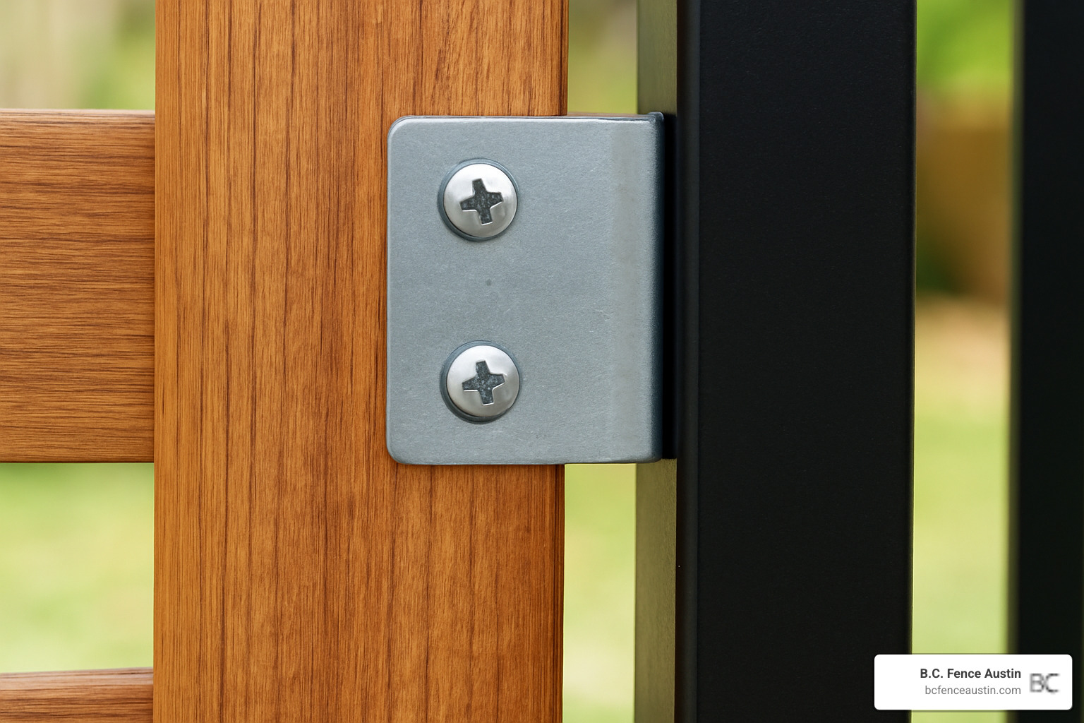 close-up detail of metal bracket system for attaching wood slats to metal posts - metal wood fence